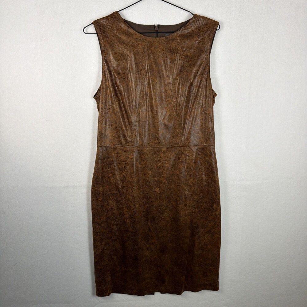 Vince Camuto Womens Brown Faux Leather Knee Length Sleeveless Sheath Dress Sz 10